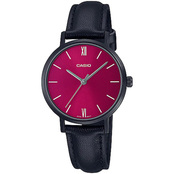 Casio LTP-VT02BL-4AUDF Women’s Red Dial, Black Leather Small Watch